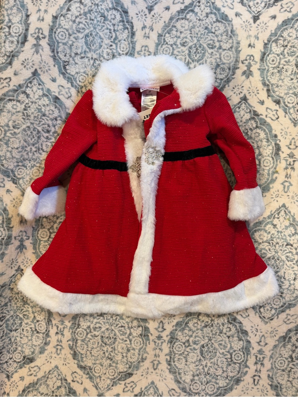 Blueberi Boulevard Red Dress with White Faux-Fur Trim and Black Waist Accent